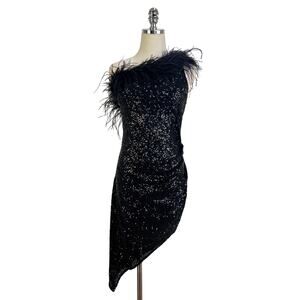 Amanda Uprichard Kieran Dress Sequin Black Mini Ostrich Feathers